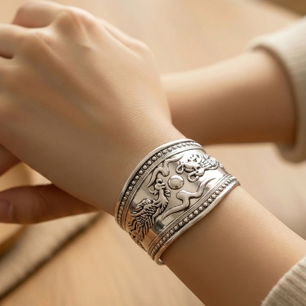 Dragon & Phoenix Wide Cuff Bracelet Antiqued Silver Statement Bold Open Bangle